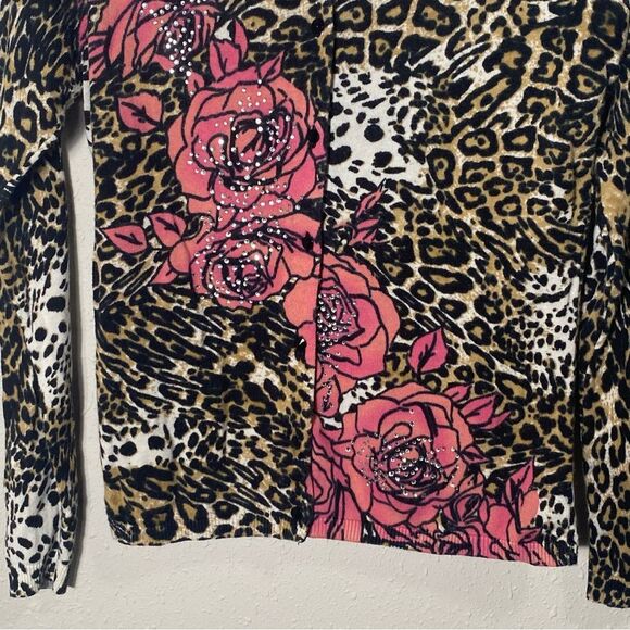 Boston Proper Animal Print Floral Jewled Button Front Cardigan Women's Size M - Picture 14 of 16